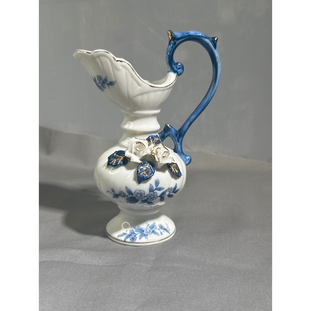 Vintage Lego Fine China Ewer, Floral Porcelain Blue White Gold Accents
